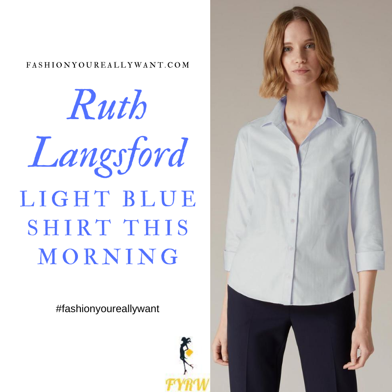 Where to get all Ruth Langsford This Morning outfits blog August 2020 light blue shirt black trousers snakeskin shoes