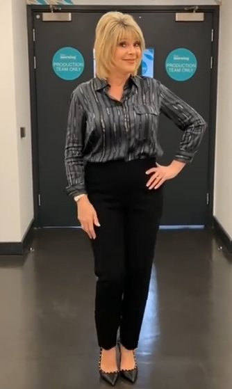 where to get ruth Langsford This Morning putfits striped shirt black trousers black court shoes 13 November 2020 Photo Ruth Langsford
