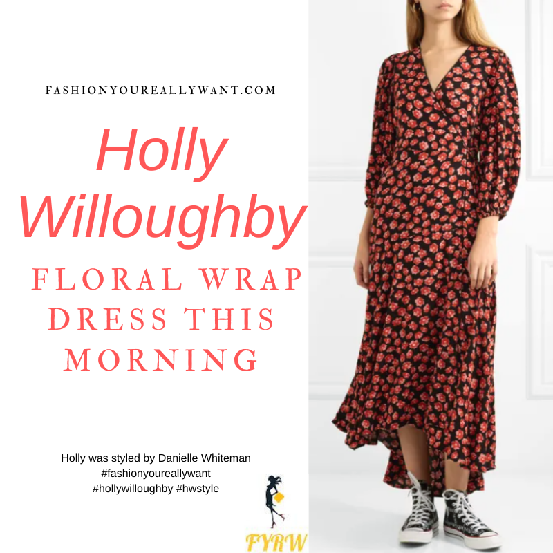 Where to get all Holly Willoughby This Morning outfits blog February 2021 black and red floral wrap midi dress black suede court shoes