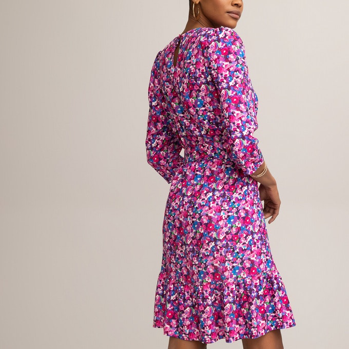 Floral Print Mini Dress with 3 4 Length Sleeves back view
