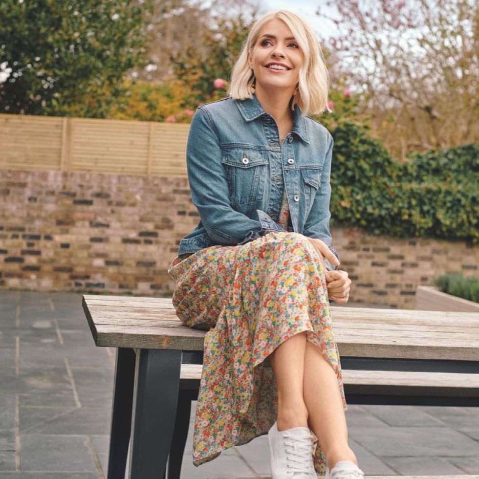 where to get Holly Willoiughby floral midaxi dress denim jacket white trainers 3 June 2021 Photo M&S