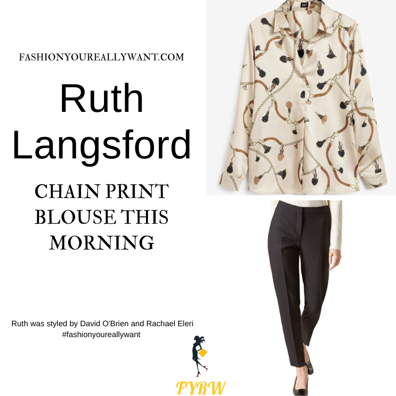 Where to get all Ruth Langsford This Morning outfits blog August 2021 cream chain print blouse black trousers tan suede court shoes