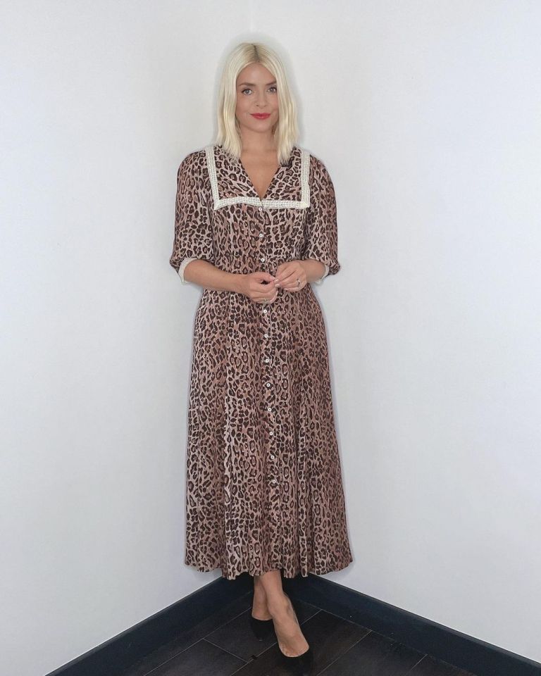 where to get all Holly Willoughby This Morning dresses leopard midi dress square collar lace trim black suede court shoes 23 September 2021 Photo Holly Willoughby