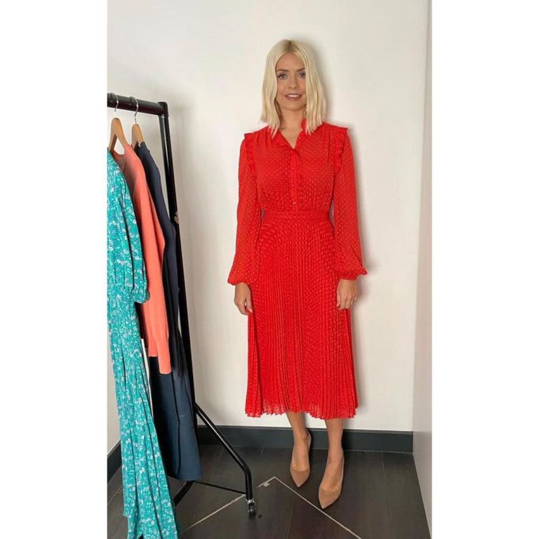 where to get all Holly Willoughby This Morning dresses re saffron long sleeve pleated midi dress nude suede court shoes 22 September 2021 Photo Holly Willoughby