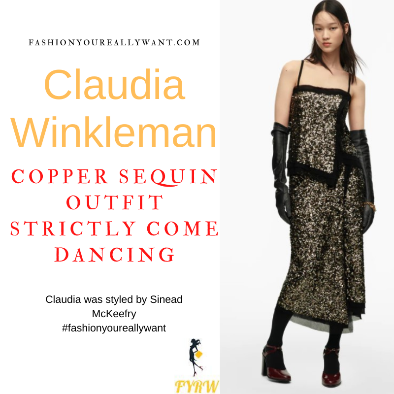 Claudia Winkleman Wore This on Strictly Come Dancing Week 5 October 2021 where to get her outfits copper camisole top and skirt edged in black