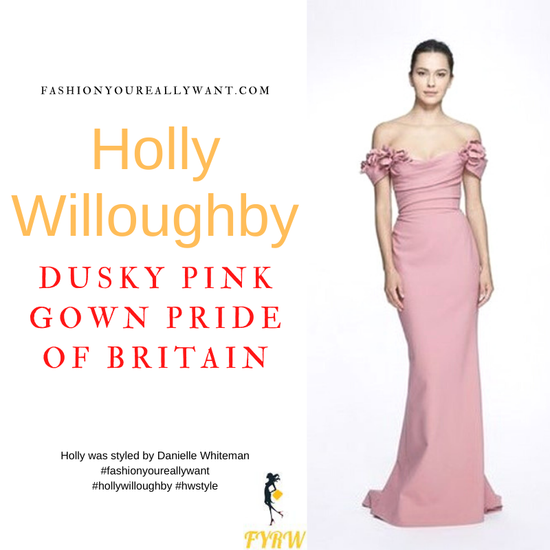 Where to get all Holly Willoughby Pride of Britain outfits dresses blog October 2021 off the shoulder dusky pink gown