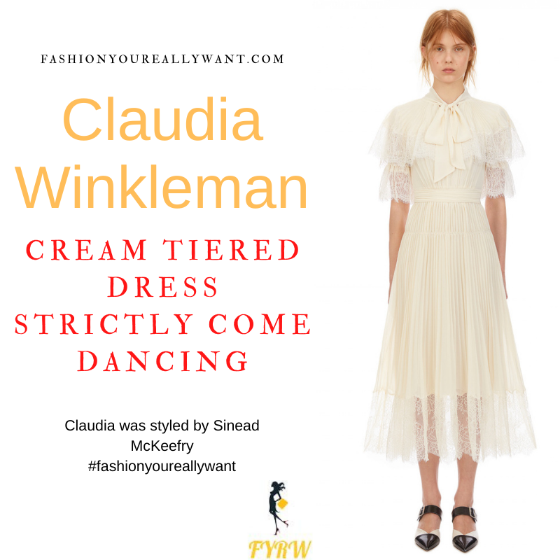 Claudia Winkleman Strictly Come Dancing Week 9 Results November 2021 where to get her outfits cream chiffon tiered lace dress yellow satin court shoes