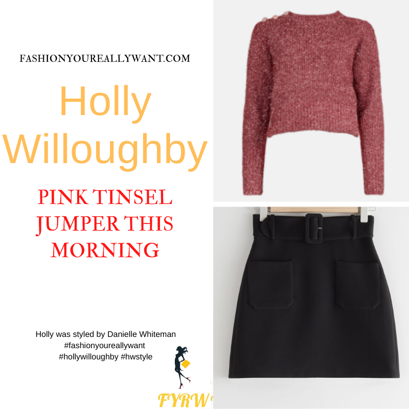 Where to get all Holly Willoughby This Morning outfits dresses blog November 2021 pink glitter jumper shoulder buttons black belted mini skirt black Mary Jane shoes