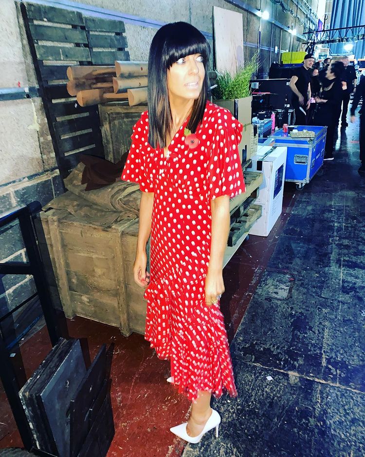 where to get all Claudia Winkleman Strictly outfits red polka dot dress white court shoes 13 November 2021 Photo Claudia Winkleman