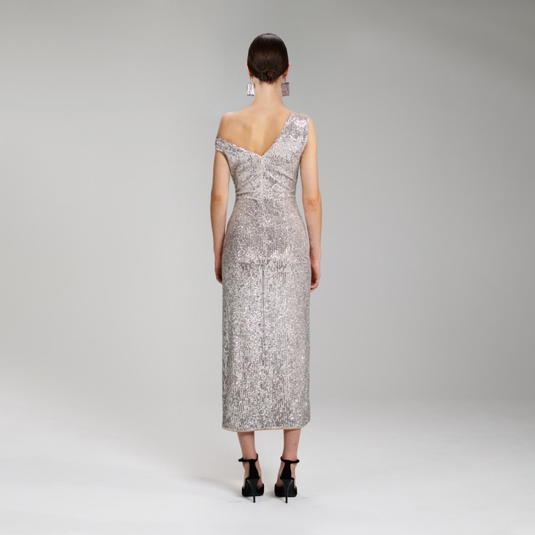 Self Portrait Sequin Gathered Asymmetric Midi Dress back view