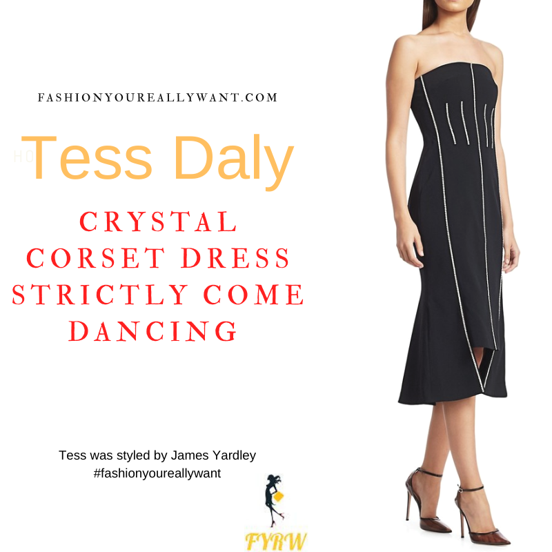 Tess Daly Strictly Come Dancing Week 11 Results December 2021 where to get her outfits black crystal corset strapless dress black sandals