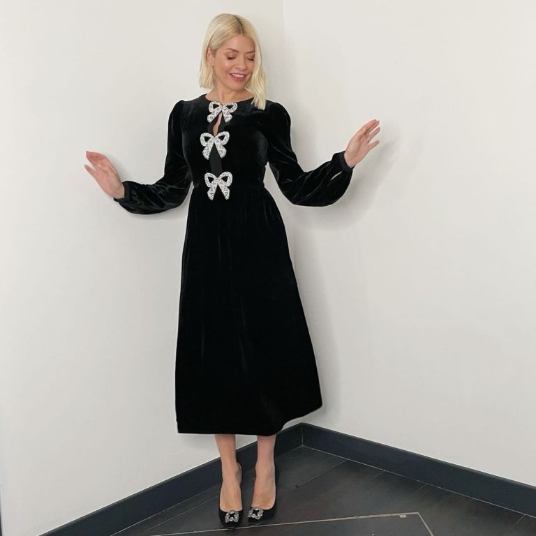 where to get all Holly Willoughby This Morning dresses black velvet bow embellished dress black satin court shoes with buckle 7 December 2021 Photo Holly Willoughby