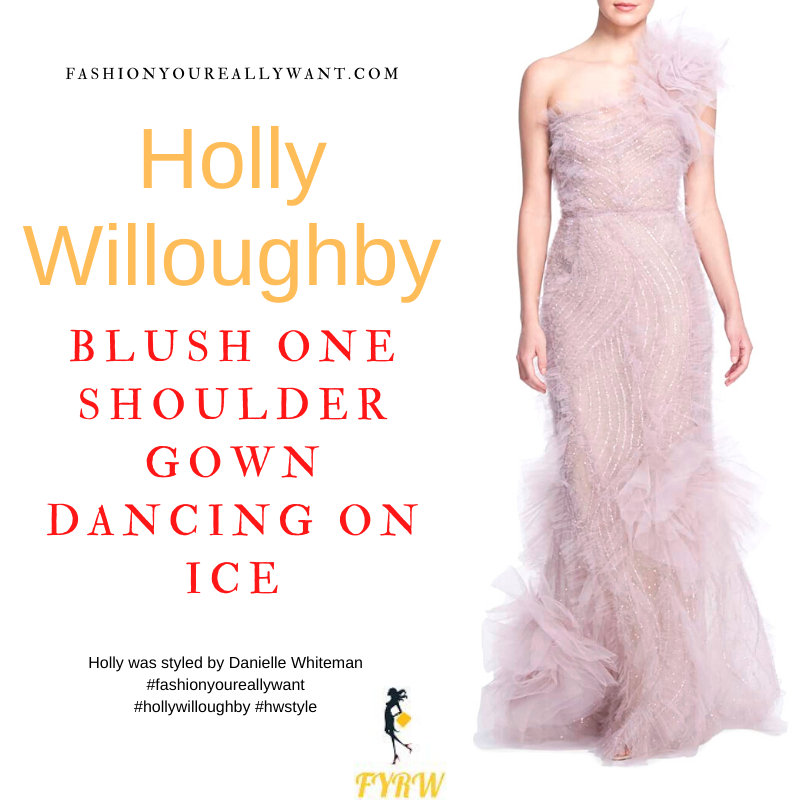 Where to get all Holly Willoughby Dancing on Ice outfits blog January 2022 blush pink tulle and sequin one shoulder gown