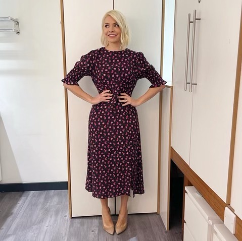 where to get all Holly Willoughby This Morning dresses maroon burgundy pink floral midi dress nude suede court shoes 23 February 2022 Photo Holly Willoughby