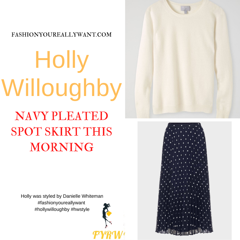 Where to get all Holly Willoughby This Morning outfits dresses blog March 2022 navy polka dot spot pleated midi skirt cream ivory knit navy suede court shoes
