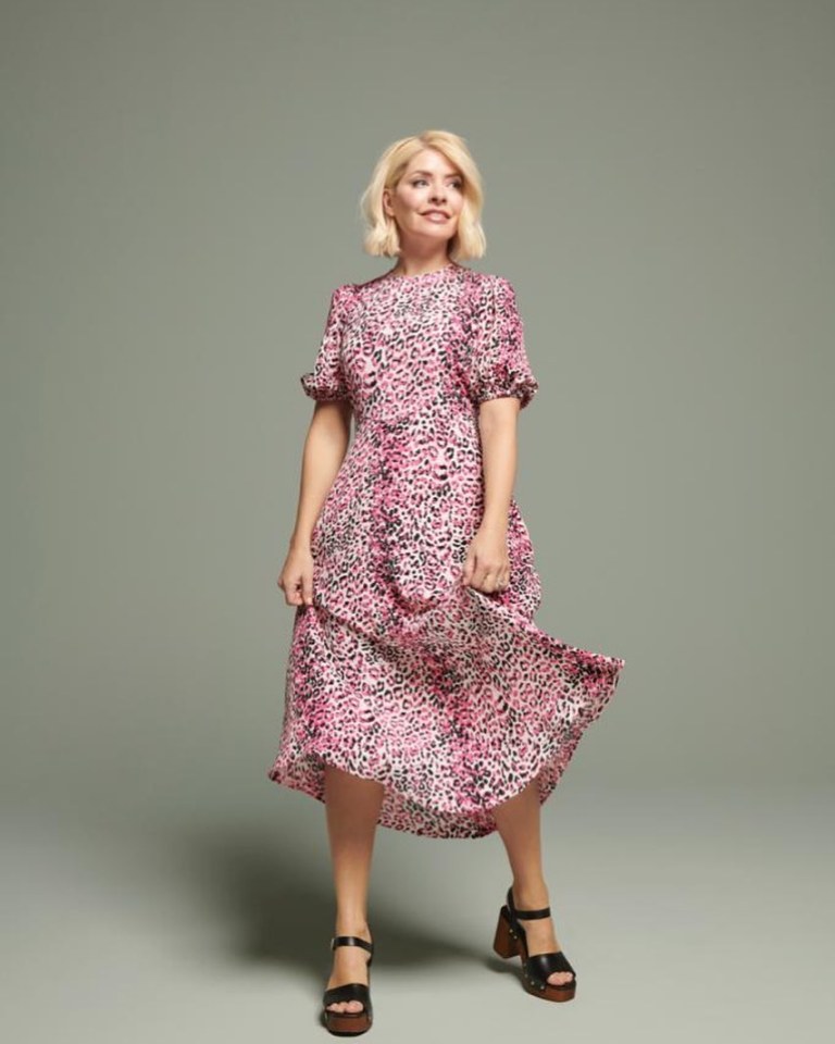 where to get all Holly Willoughby dresses pink animal print puff sleeve midi dress black platform sandals 19 March 2022 Photo M&S