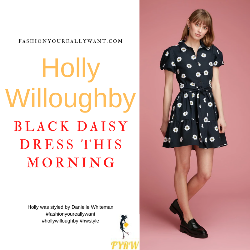 Where to get all Holly Willoughby This Morning outfits dresses blog April 2022 black floral daisy mini dress black suede sandals