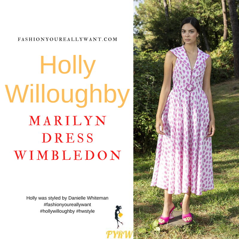 Where to get all Holly Willoughby Wimbledon outfits dresses blog June 2022 white and pink heart strawberry halter dress nude suede sandals raffia bag