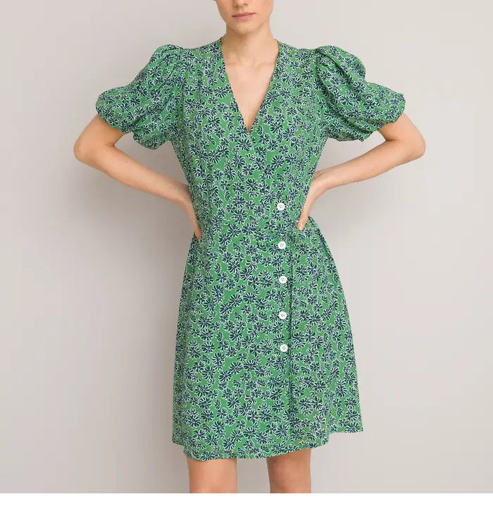 La Redoute Floral Buttoned Wrapover Dress with Short Puff Sleeves