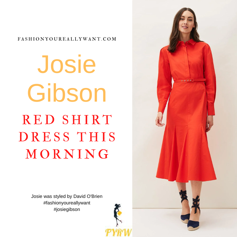 Where to get all Josie Gibson This Morning outfits dresses blog July 2022 red midi shirt dress with collar and fluted hem