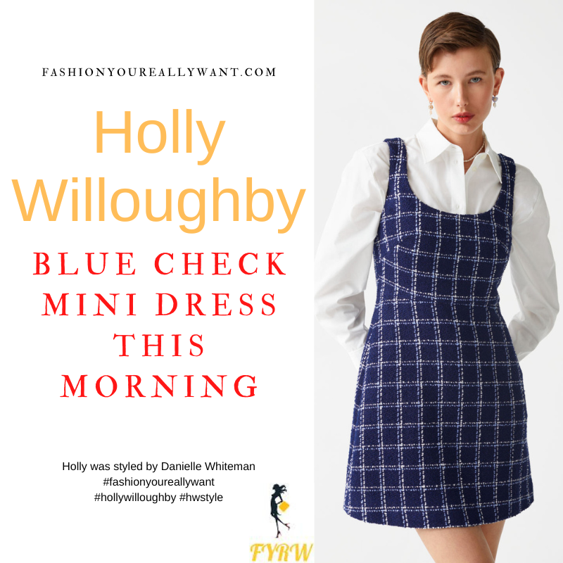 Where to get all Holly Willoughby This Morning outfits dresses blog September 2022 blue navy check tweed mini dress white ivory silk blouse navy suede ankle boots