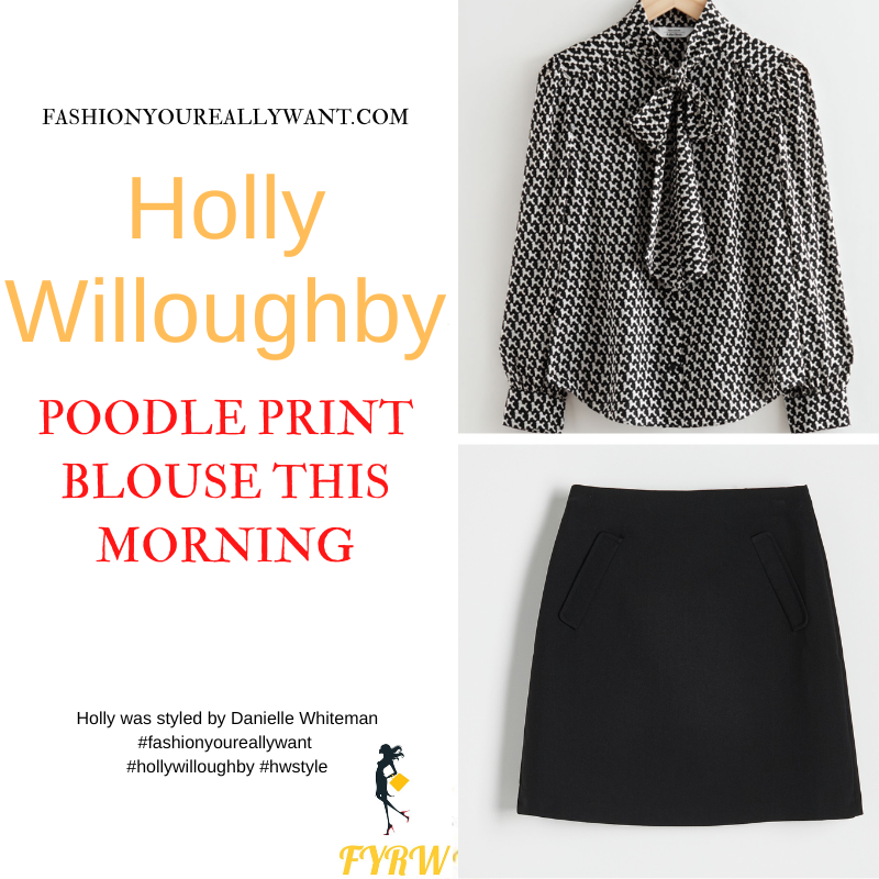 Where to get all Holly Willoughby This Morning outfits dresses blog October 2022 black and white poodle print neck tie blouse black mini skirt black suede court shoes