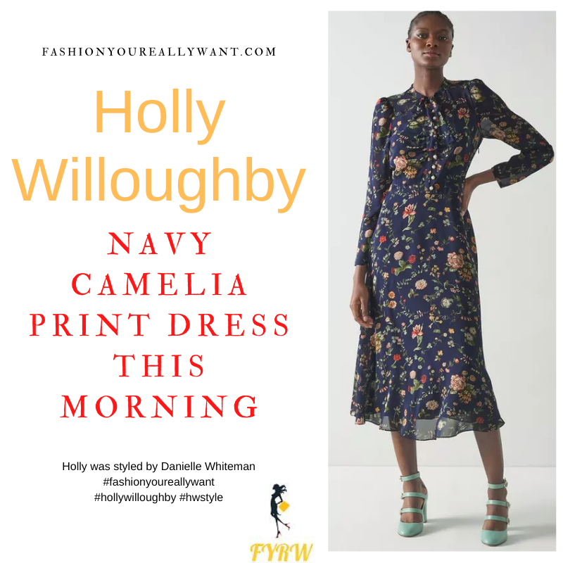 Where to get all Holly Willoughby This Morning outfits dresses blog November 2022 navy camelia print floral midi dress knee high brown boots