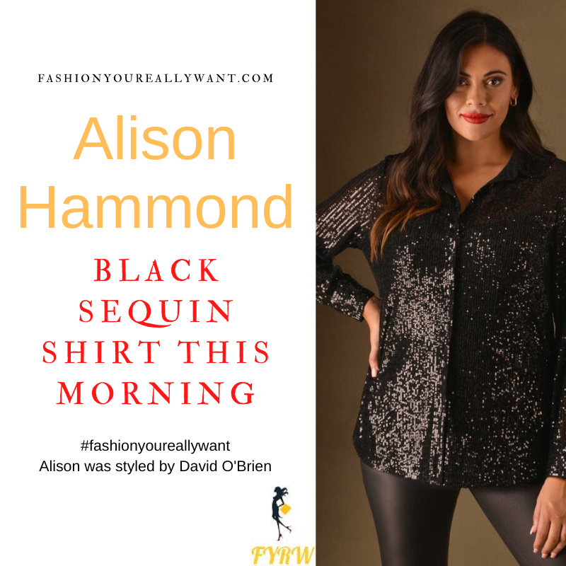Where to get all Alison Hammond This Morning outfits dresses blog December 2022 black sequin shirt purple sequin top black sequin trousers
