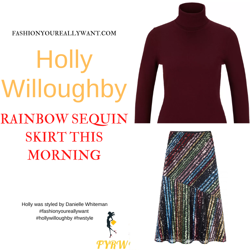 Where to get all Holly Willoughby This Morning outfits dresses blog December 2022 rainbow stripe sequin skirt bugundy polo neck jumper