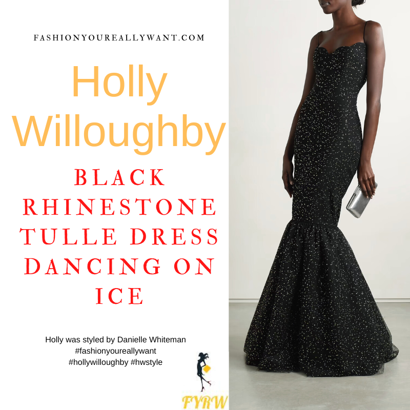 Where to get all Holly Willoughby Dancing on Ice outfits dresses blog January 2023 black scalloped neckline tulle rhinestone dress mermaid hem