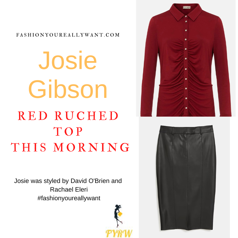 Where to get all Josie Gibson This Morning outfits dresses blog January 2023 red ruched top gold buttons black faux leather pencil skirt