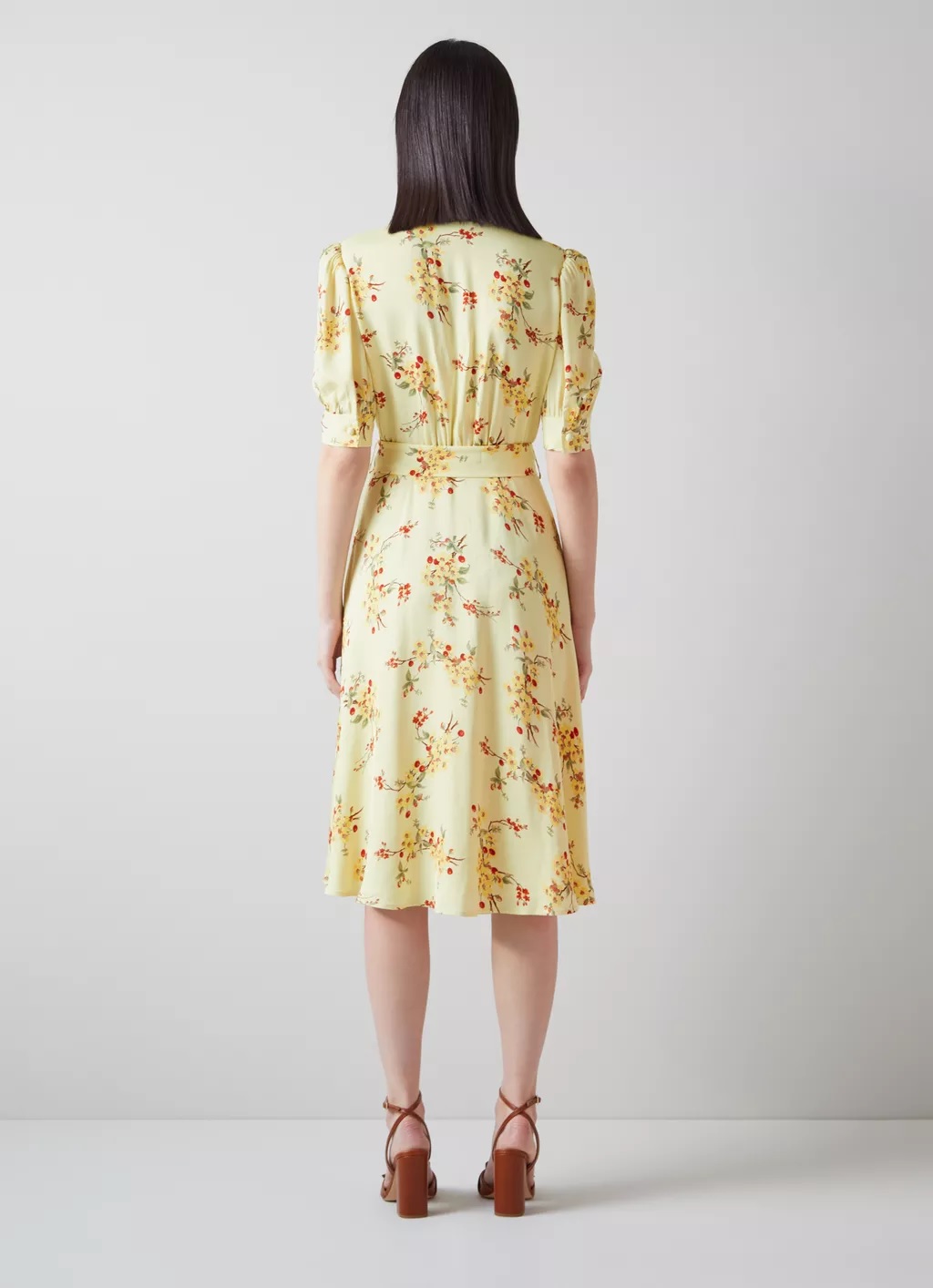 LK Bennett Amor Yellow And Red Cherry Blossom Print Crepe Dress back view