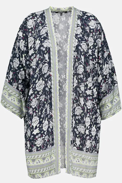 Ulla Popken Timeless Floral Complementary Trim Open Front Kimono Blouse