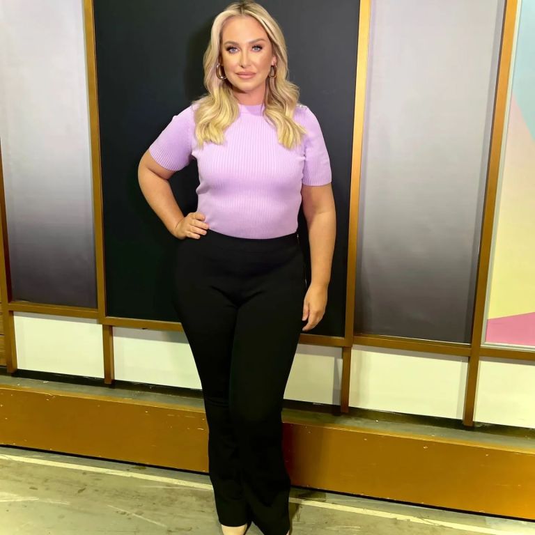 where to get all Josie Gibson This Morning outfits lilac short sleeve knit black trousers 13 April 2023 Photo Josie Gibson
