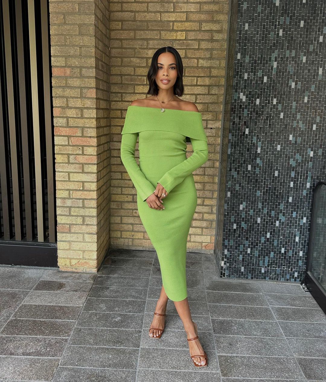 where to get all Rochelle Humes This Morning dresses green knit bardot dress brown strappy sandasl mules 17 April 2023 Photo Amber Jackson
